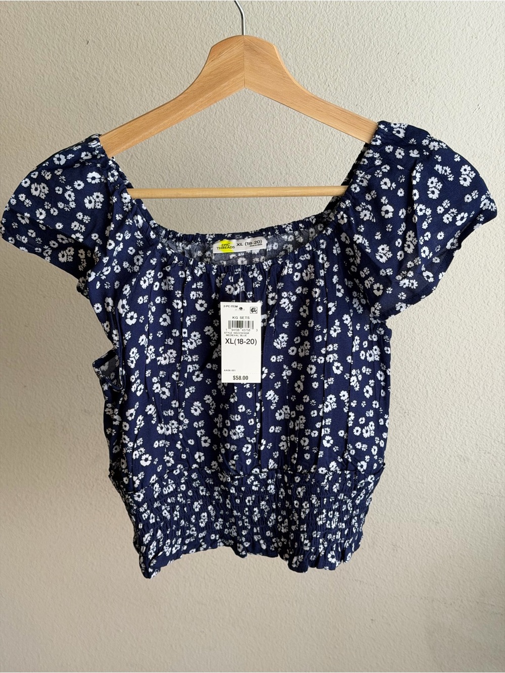 Epic Threads Navy Floral Smocked-Hem Peasant Blouse